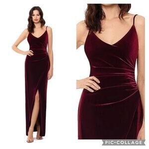 Betsy & Adam draped burgundy velvet gown long side slit 4